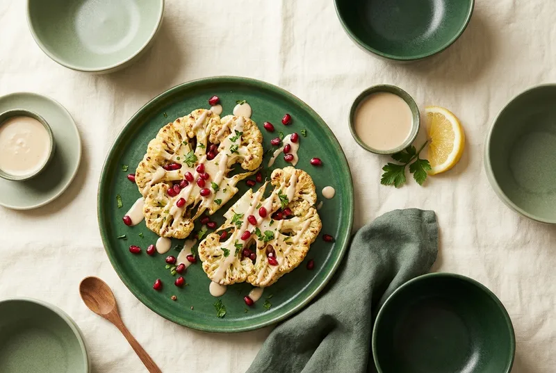 Blumenkohl-Steaks mit Tahini & Granatapfel (vegan)