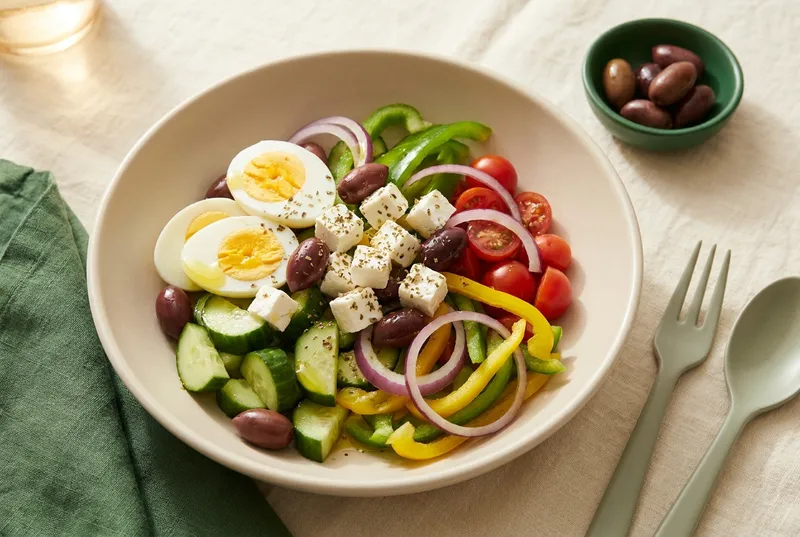 Griechische Salat-Bowl mit Ei, Oliven & Feta (vegetarisch)