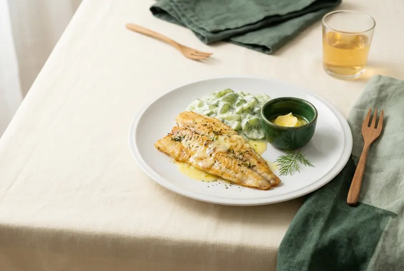 Eglifilets mit Zitronenbutter & Gurkengemüse