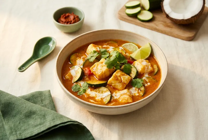 Rotes Fischcurry mit Kokos & Zucchetti
