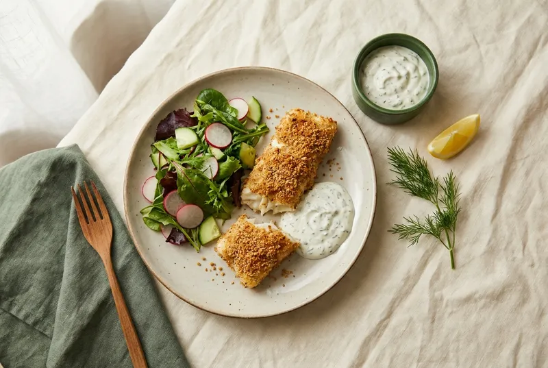 Ofen-Fischknusperli mit Joghurt-Tartar & Salat