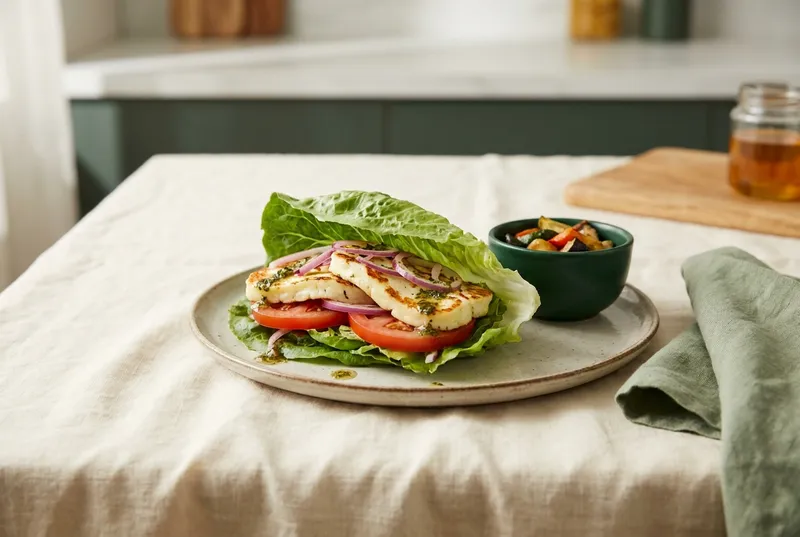 Halloumi-«Burger» im Salatmantel