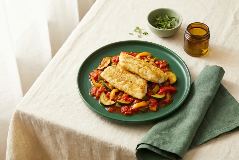 Kabeljau-Piccata auf Tomatengemüse
