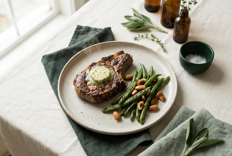 Kalbskotelett mit Kräuterbutter & grünen Bohnen (Premium)