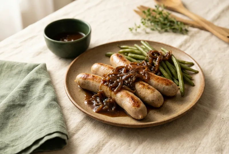 Kalbsbratwurst mit Zwiebelsauce & Bohnen