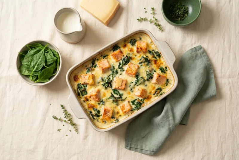 Lachs-Spinat-Gratin mit Gruyère