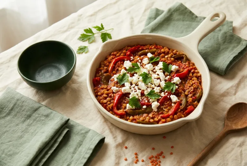 Rote-Linsen-Gemüse-Pfanne mit Feta (vegetarisch)