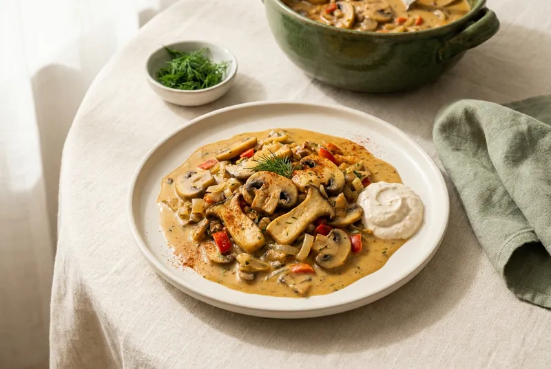 Pilz-Stroganoff mit Hafer-Crème (vegan)