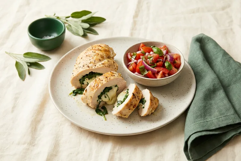 Pouletbrust mit Frischkäse-Spinat & Tomatensalat
