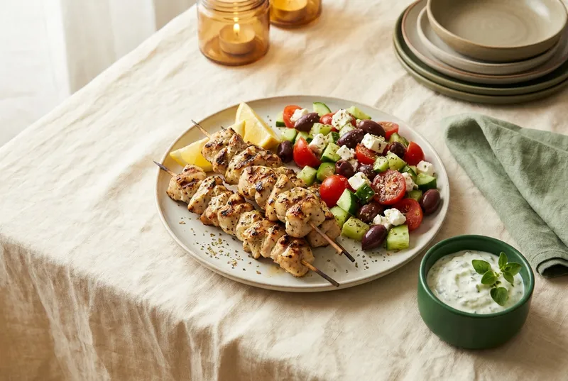 Poulet-Souvlaki mit griechischem Salat