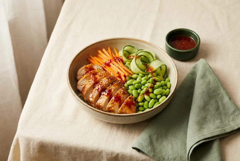 Sweet-Chili-Poulet-Bowl mit Edamame