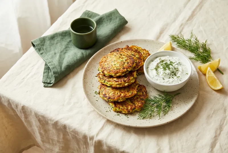 Zucchini-Puffer mit Skyr-Kräuter-Dip (vegetarisch)