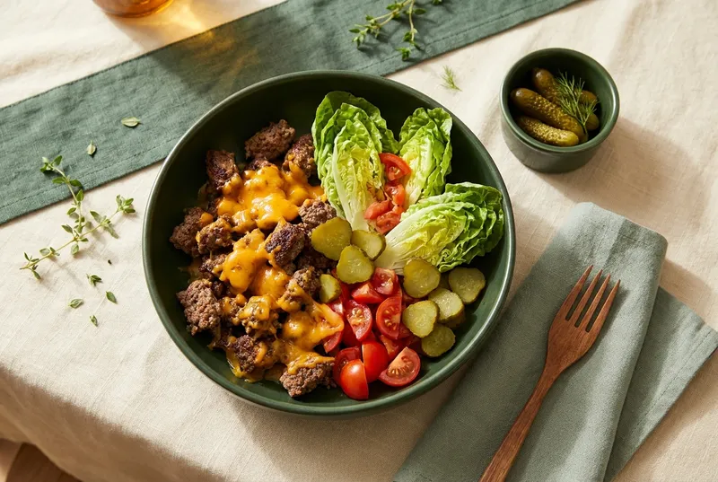 Burger-Bowl mit Cheddar & Essiggurken