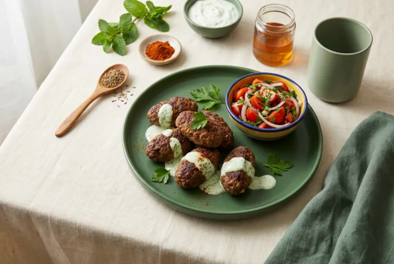 Rinds-Kefta mit Minz-Joghurt & Tomatensalat