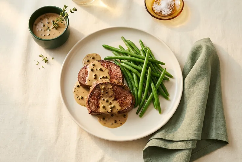 Pfeffer-Steak mit grünen Bohnen