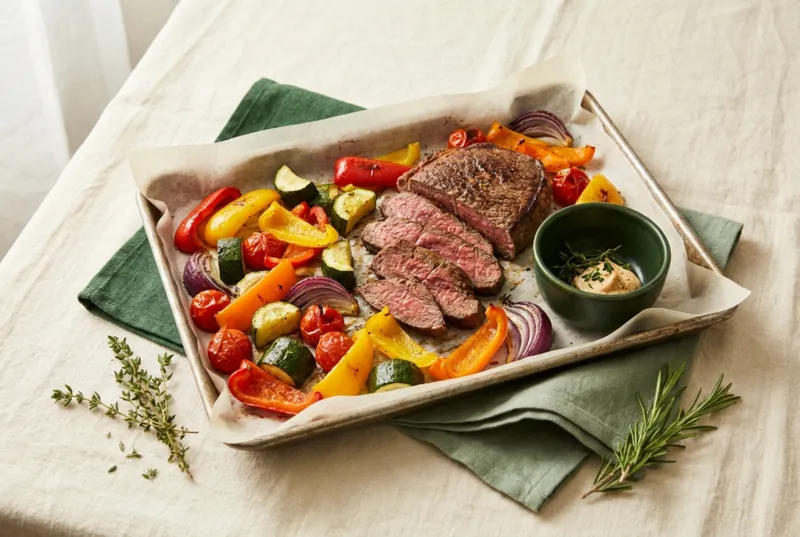 Rindshuftsteak mit buntem Sommer-Ofengemüse