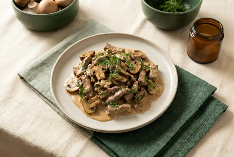 Rinds-Stroganoff mit Champignons