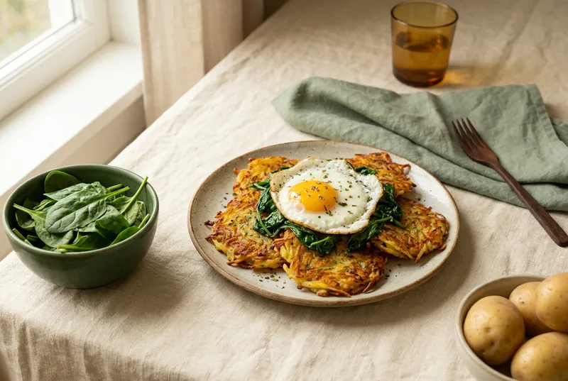 Rösti mit Spiegelei & Spinat