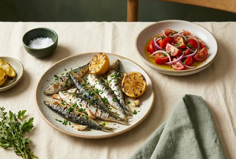 Grillsardinen mit Zitrone & Tomatensalat