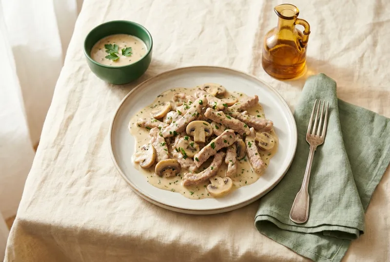 Schweins-Rahmgeschnetzeltes mit Champignons
