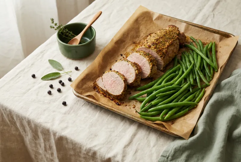 Schweinsfilet vom Blech mit grünen Bohnen & Senfkruste
