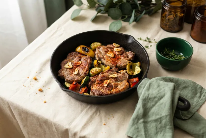 Schweinshals-Steaks mit Peperoni-Zucchini-Gemüse