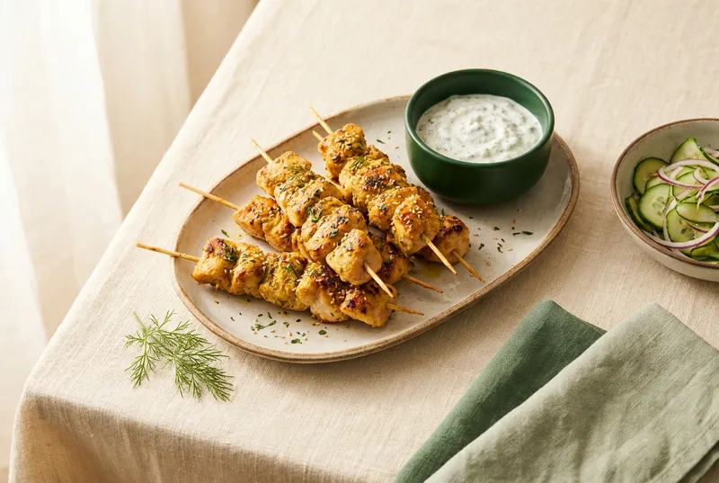 Poulet-Spiessli orientalisch mit Joghurt-Dip & Gurkensalat