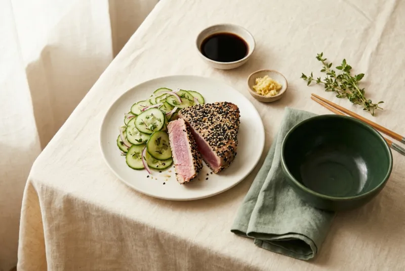 Thunfisch-Steak mit Sesamkruste & Gurkensalat