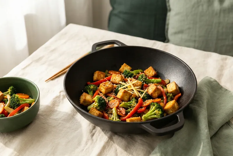 Tofu-Gemüse-Wok mit Sesam & Ingwer (vegetarisch)