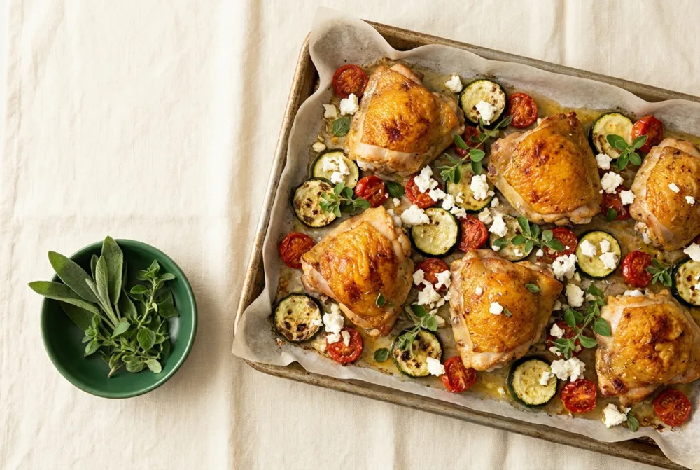 Ofen-Pouletschenkel mediterran mit Zucchini und Feta